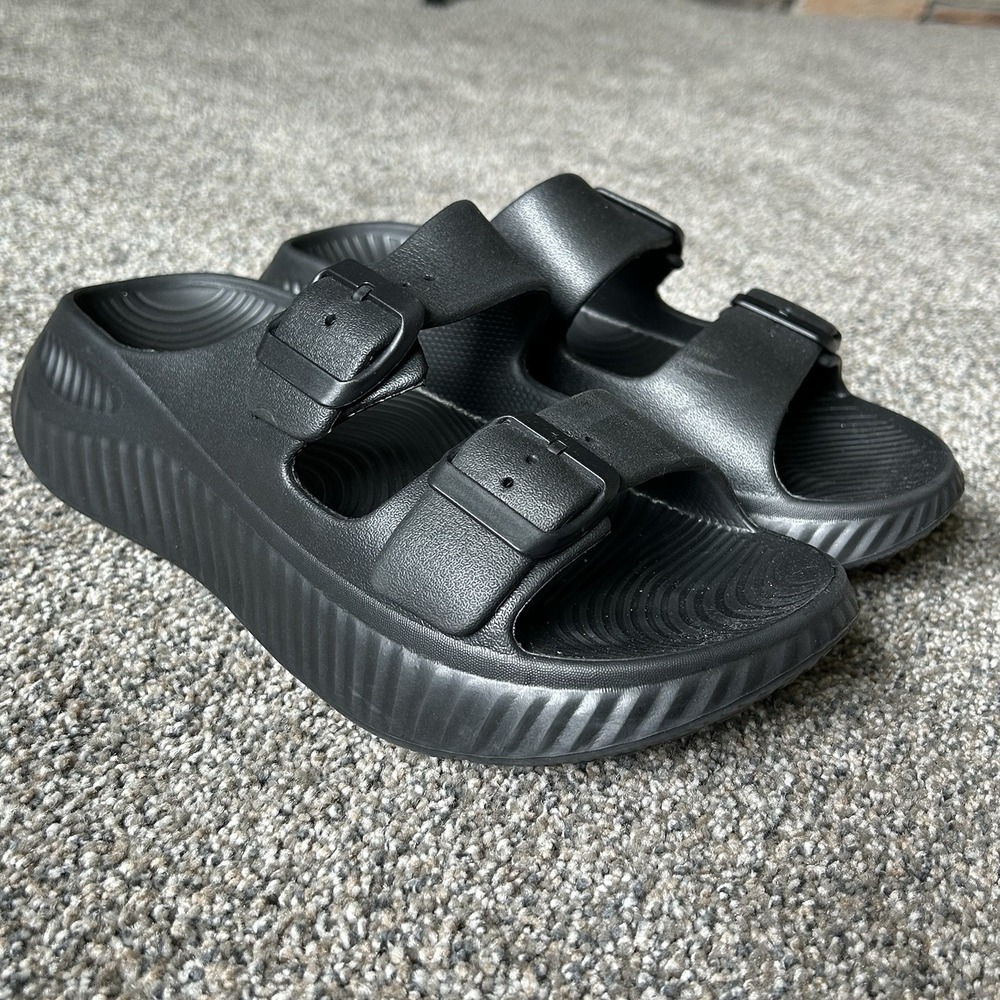 KuaiLu Womens Size 7.5 Black Double Buckle Platform Recovery Slide Sandals